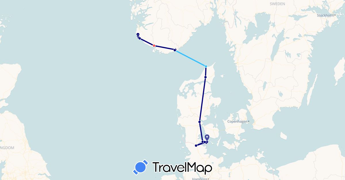 TravelMap itinerary: driving, hiking, boat in Germany, Denmark, Norway (Europe)